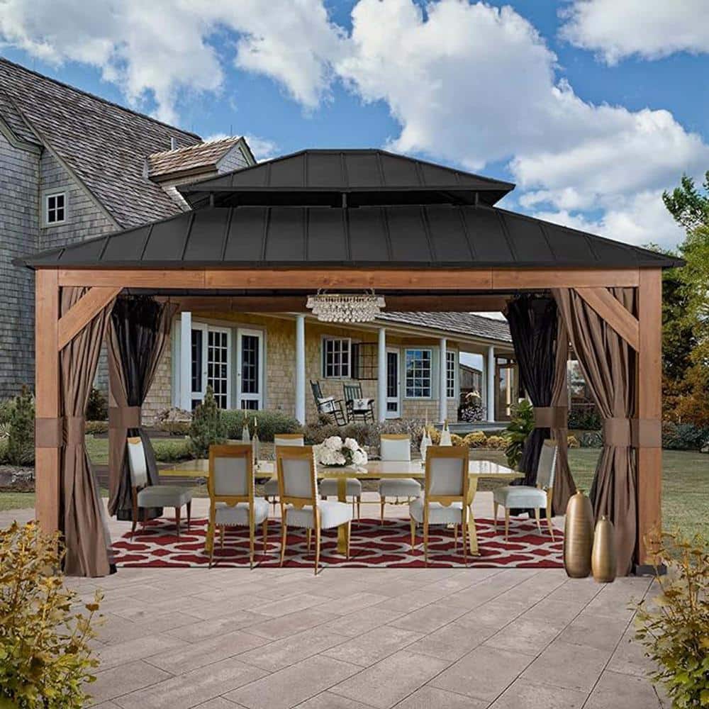 LuckByte 15 ft. x 13 ft. Black Wooden Hardtop Gazebo with Curtains