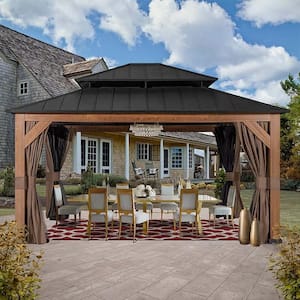 15 ft. x 13 ft. Black Wooden Hardtop Gazebo with Curtains and Netting and Wood-Grain Aluminum Frame for Backyard