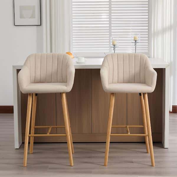 Kayla Modern 40.94 in. H Beige Wood Upholstered Bar Stool with Fabric Seat, Back, Arms and Footrest, Set of 2