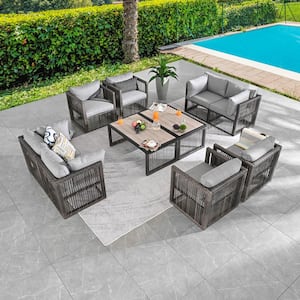 10-Piece Wicker Patio Conversation Deep Seating Set with Gray Cushions