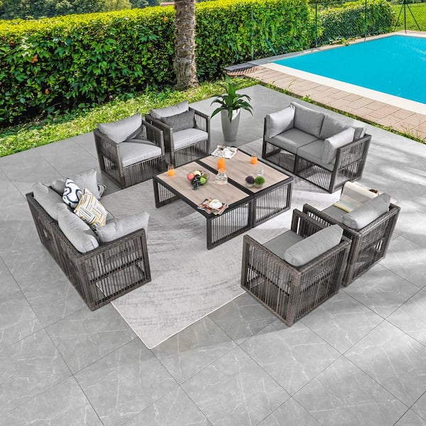 Patio Festival 10-Piece Wicker Patio Conversation Deep Seating Set with Gray Cushions