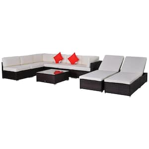 Outdoor Dark Coffee 9-Pieces Wicker Patio Conversation Sectional Seating Set with Chaise Lounge and Cream White Cushions