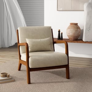 Mid-Century Cream Faux Leather Upholstered Accent Arm Chair with Light Walnut Color Rubber Wood Frame (Set of 1)