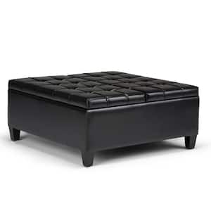 Harrison 36 in. Wide Transitional Square Coffee Table Storage Ottoman in Midnight Black Faux Leather