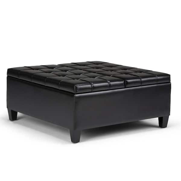Simpli Home Harrison 36 in. Wide Transitional Square Coffee Table Storage Ottoman in Midnight Black Faux Leather