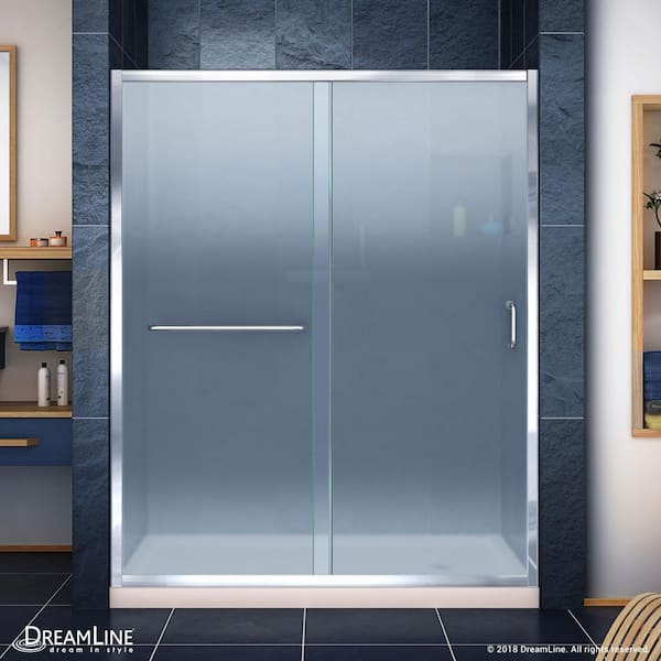 DreamLine Infinity-Z 32 in. x 60 in. Semi-Frameless Sliding Shower Door in Chrome with Right Drain Shower Pan Base in Biscuit