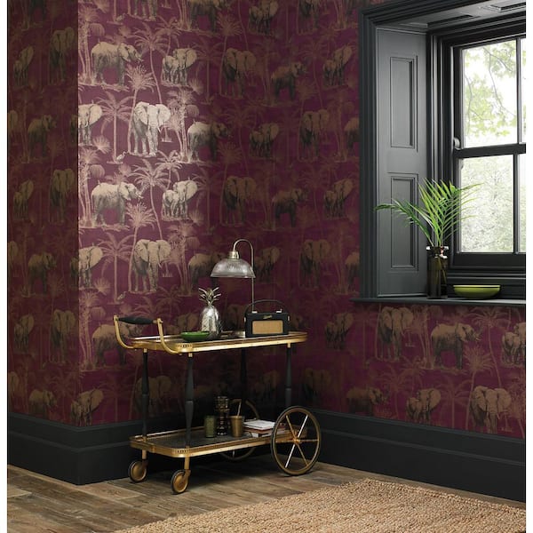 Adelia Maroon Elephant Grove Wallpaper
