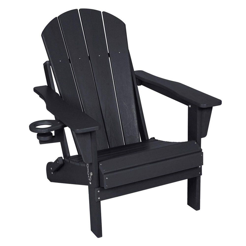 Black Adirondack chair with a built-in cup holder.