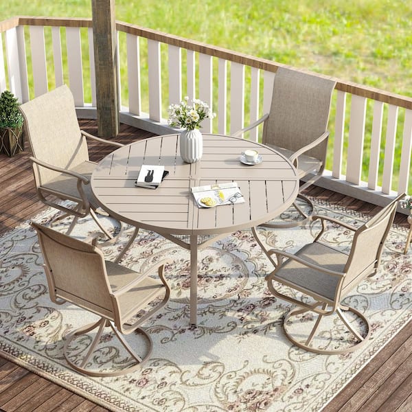 5-Piece Metal Patio Dining Set with 40.6 in. Sandshell Round Dining Table and 4 Sandshell Textilene Swivel Dining Chairs