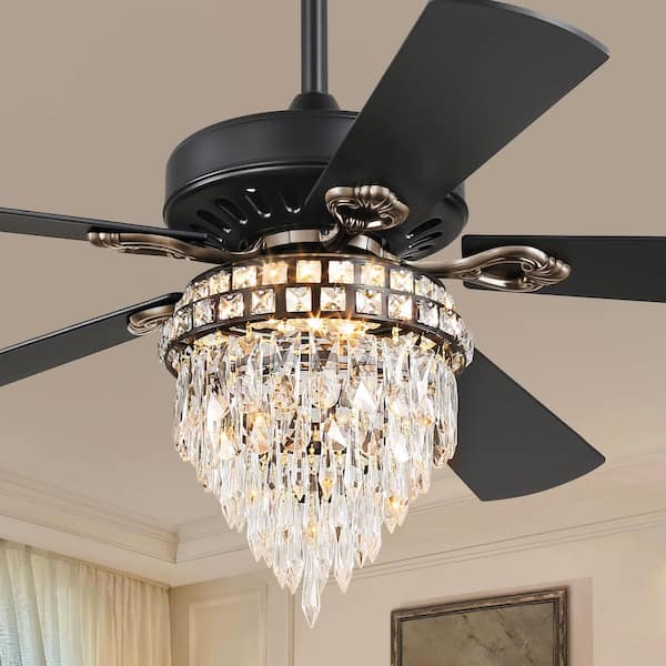 52 in. Smart Indoor Black 3-Color LED 6-Speed Crystal Chandelier Ceiling Fan with Light Kit and Remote Control