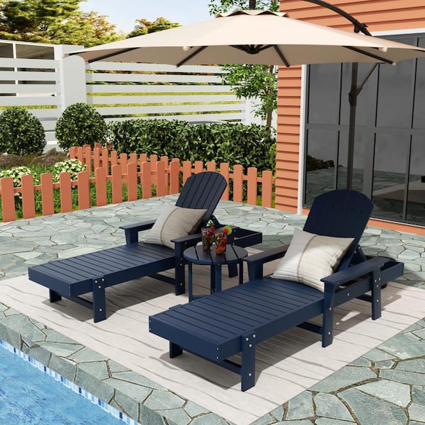 Altura 3-Piece Classic All Weather Adirondack Poly Reclining Outdoor Chaise Lounge Chair with Arms in Navy Blue
