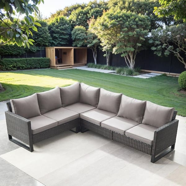 Gymojoy Valenta Brown Wicker Outdoor Sectional with Gray Cushions