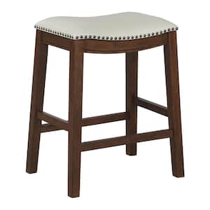 Farmhouse Style 24.75 in. Wood Saddle Counter Stool in Cream Faux Leather with Dark Walnut Finish (set of 2) Included