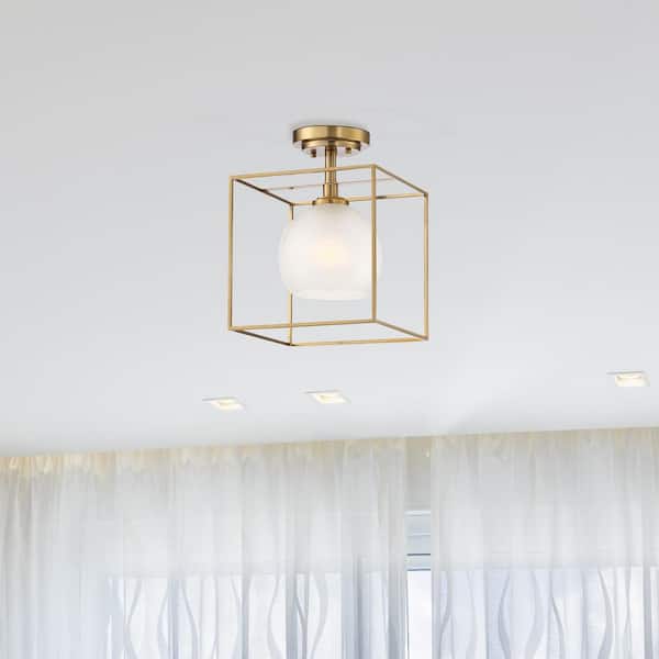 Cowen 10 in. 1-Light Brushed Gold Mid-century Entryway Semi-Flush Mount with Etched Glass Shade