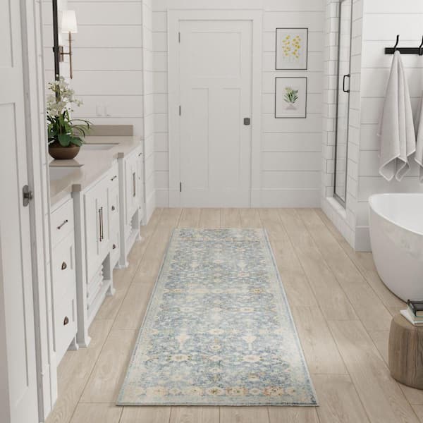 Astra Machine Washable Teal Beige 2 ft. x 8 ft. Distressed Traditional Runner Area Rug