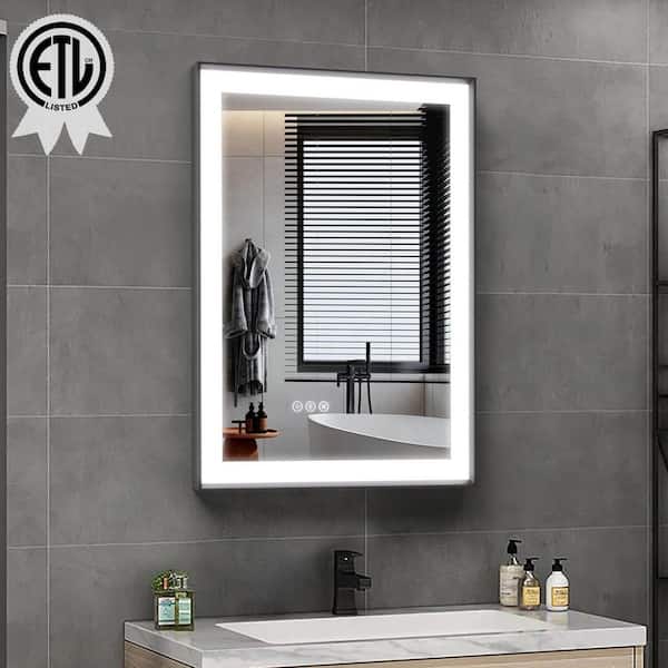 24 in.W x 32 in.H Rectangular Black Aluminum Framed Anti Fog LED Lighted Modern Wall Bathroom Vanity Mirror in Tempered