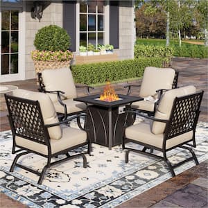Black Metal 4 Seat 5-Piece Steel Outdoor Patio Conversation Set with Beige Cushions,Motion Chairs,Square Fire Pit Table
