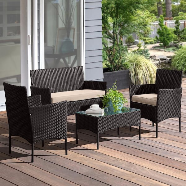 Pure Garden 4-Piece Rattan Patio Furniture Set - Couch with Table and 2 Patio Chairs with Beige Removable Seat Cushions, Black