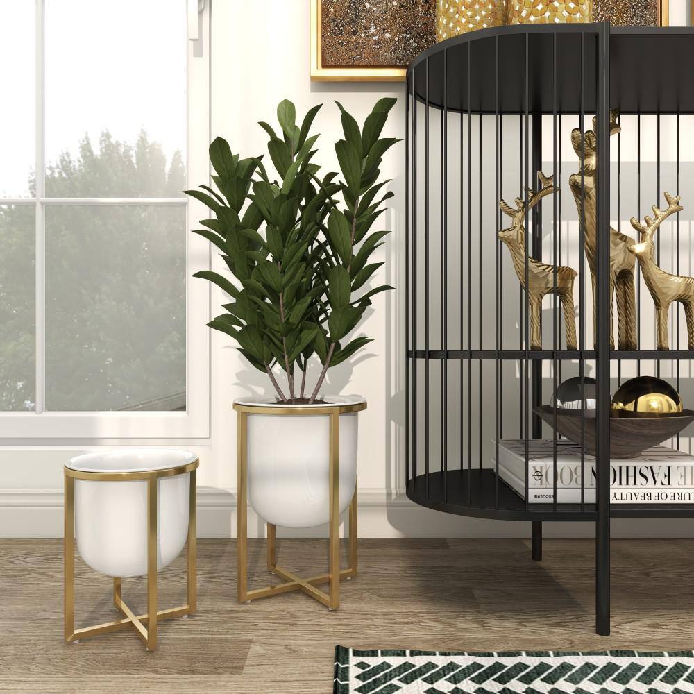 Contemporary White and Gold Metal Planter Set with Removable Stands
