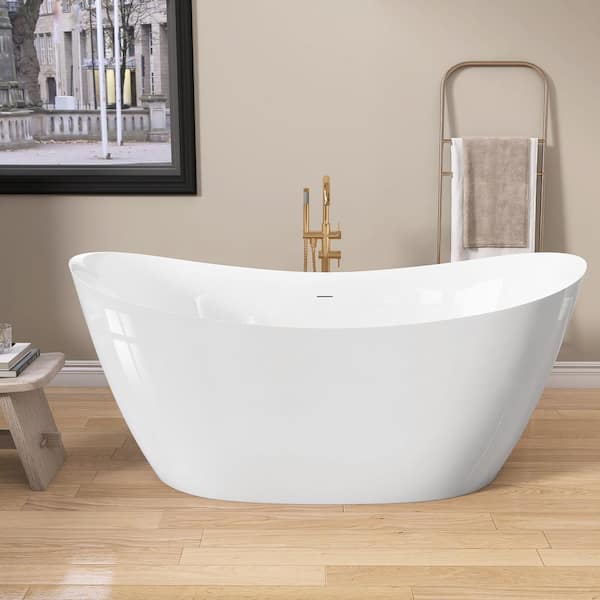 Elara 59 in. x 29.5 in. Freestanding Deep Soaking Flat Bottom Bathtub with Center Chrome Drain Oval Acrylic Tub in White