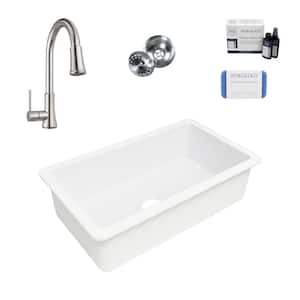 Eden 31 in. Undermount Single Bowl Crisp White Fireclay Kitchen Sink with Pfirst Faucet Kit