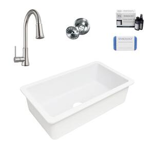Eden 31 in. Undermount Single Bowl Crisp White Fireclay Kitchen Sink with Pfirst Faucet Kit