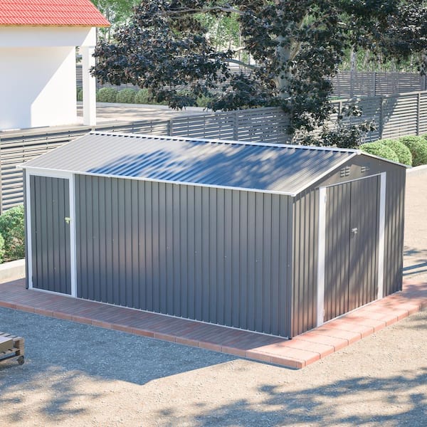 10x14 ft Outdoor Metal Storage Shed With Floor Frame, 3 Lockable Doors, Side Door, 4 Air Vents, Coverage Area-138 sq.ft
