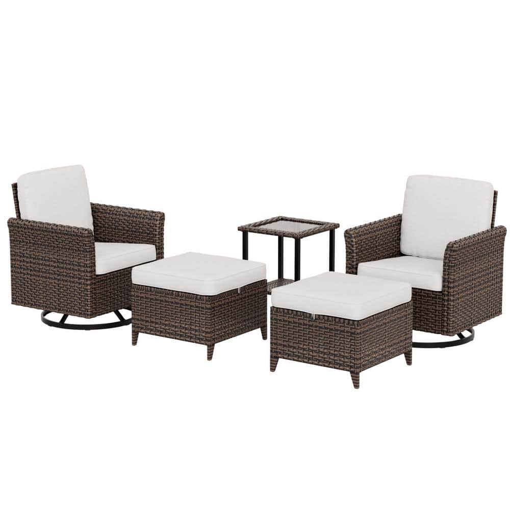 5-Piece Beige Cushioned Brown Wicker Outdoor Conversation Set