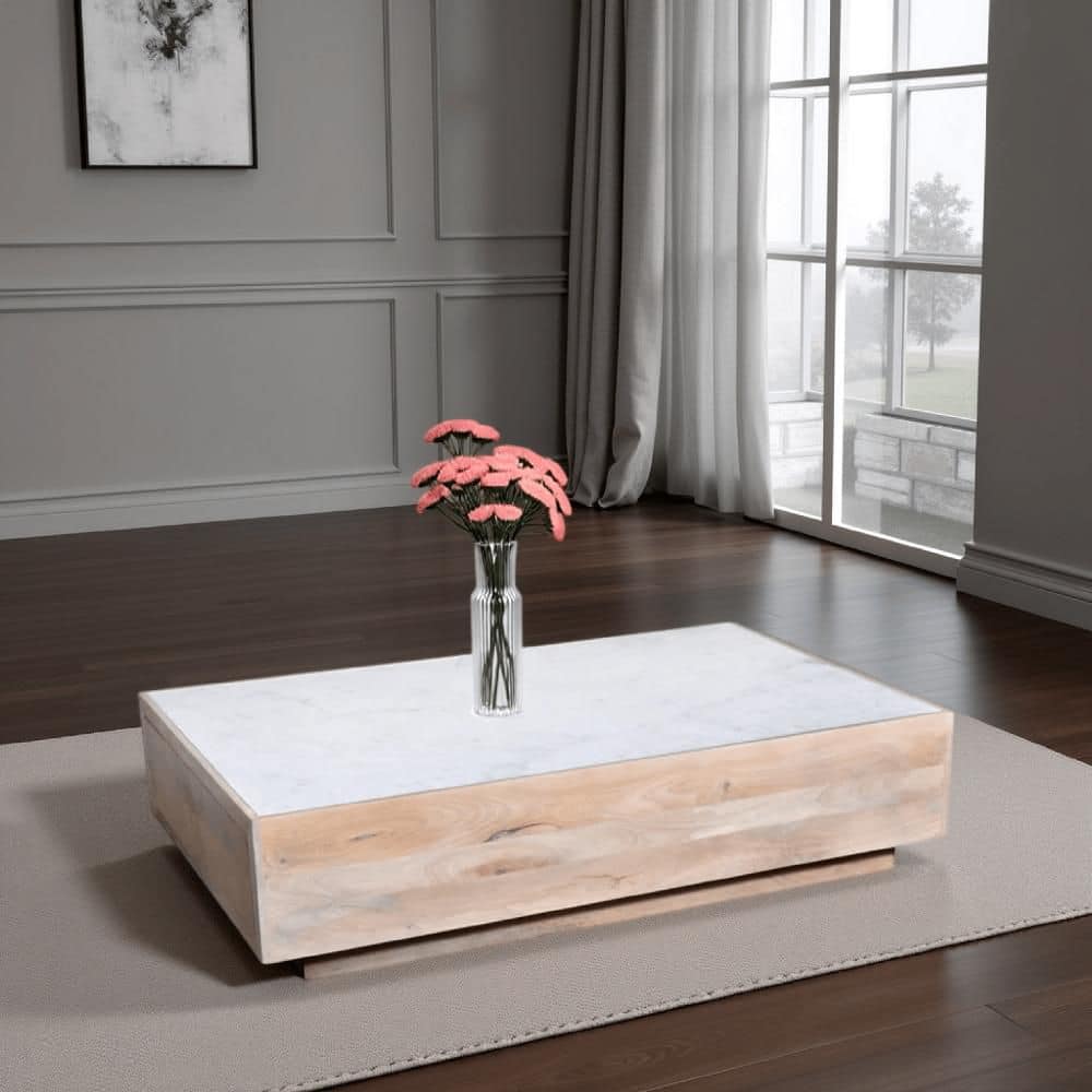 Oaz 36 in. Oak White Rectangle Marble Coffee Table