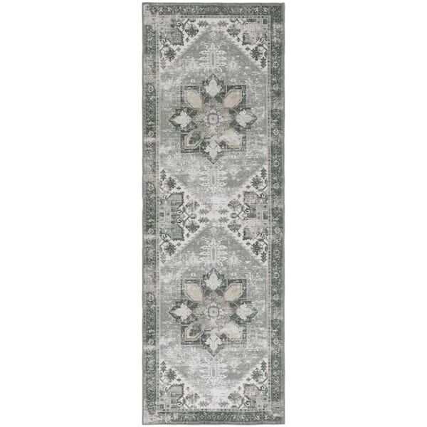 SAFAVIEH Tuscon Dark Sage/Ivory 3 ft. x 6 ft. Machine Washable Border Distressed Runner Rug