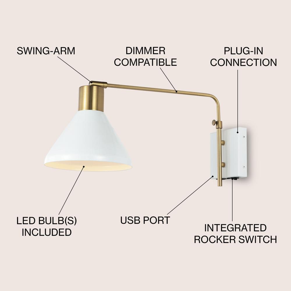 Modern Farmhouse 20.5" White and Brass Gold Iron LED Swing Arm Sconce