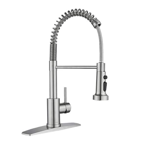 FORIOUS Single Spring Handle Kitchen Faucet with Pull Down Sprayer Kitchen Sink Faucet with Deck Plate in Brushed Nickel