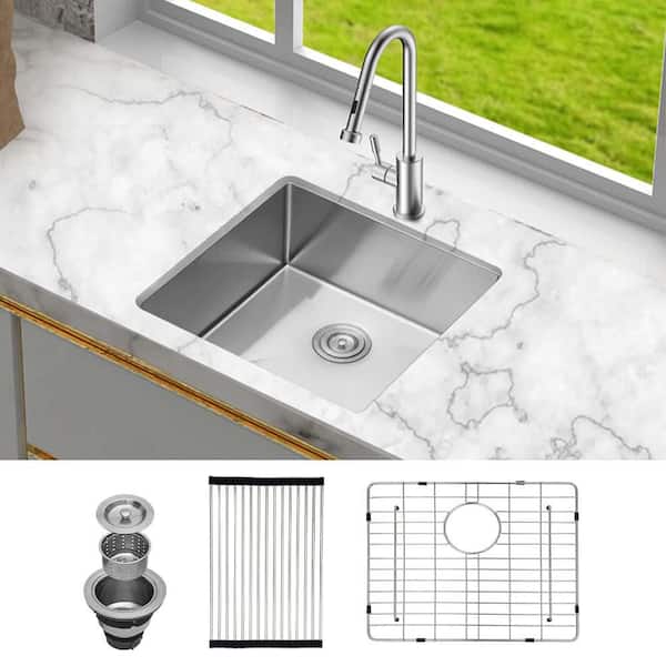 Lindra 23 in. L x 18 in. W Undermount Single Bowl Stainless Steel Kitchen Sink with Grid, Strainer and Drying Rack