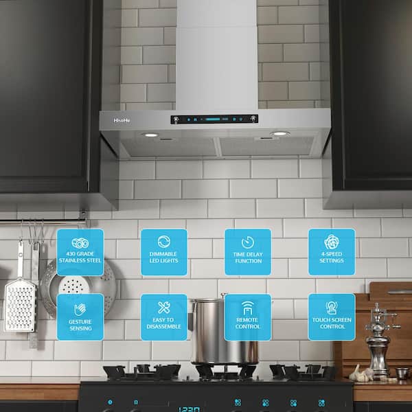 HisoHu Wall Mount Kitchen Hood Range Hoods with Ducted/Ductless Convertible  Duct, 36 Inch 780 CFM Stainless Steel Vent Hood, 4 Speed Gesture Sensing  Exhaust Hood with Dimmable LED lights(A02-36) 