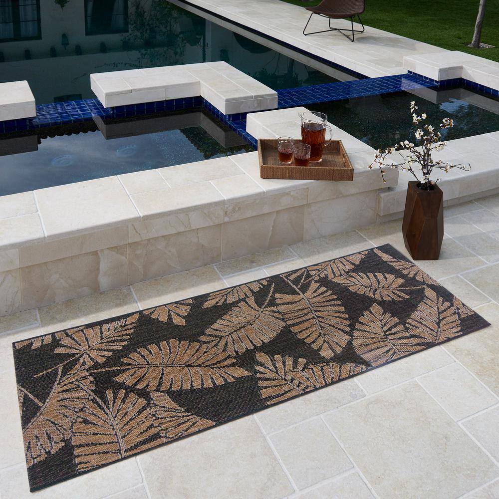 Black and Brown Tropical Floral Flatweave Runner Rug, 2'2" x 6'