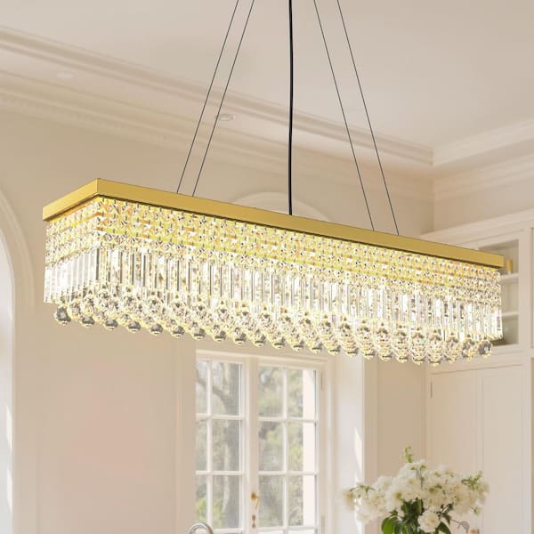 10-Light Gold Modern Rectangle K9 Crystal Chandelier, Iron E12 Pendant Light for Dining Room or Kitchen Island