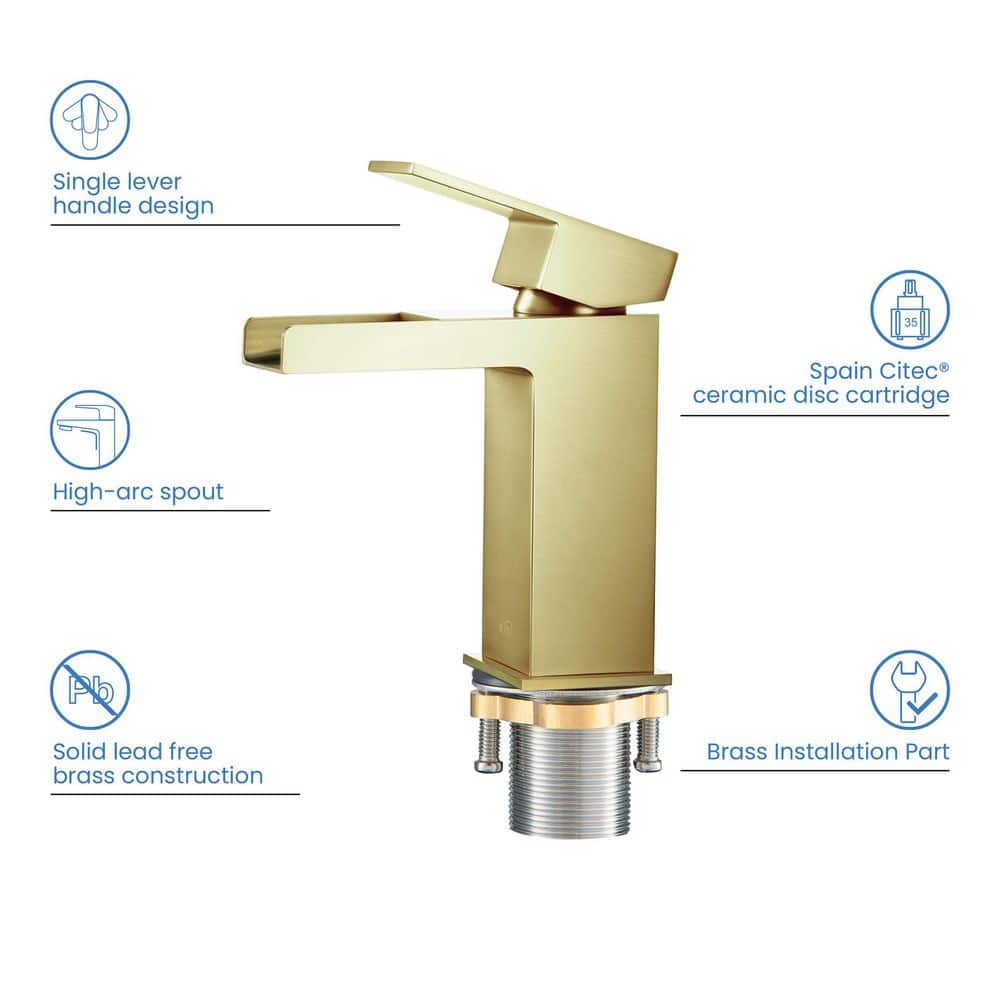 Cubic Elegance Single Handle Brushed Gold Brass Bathroom Faucet