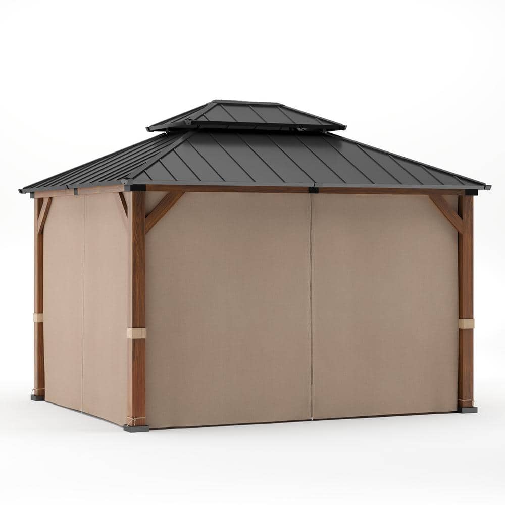 Brown Aluminum Hardtop Gazebo with Curtains and Netting, 10'x12'
