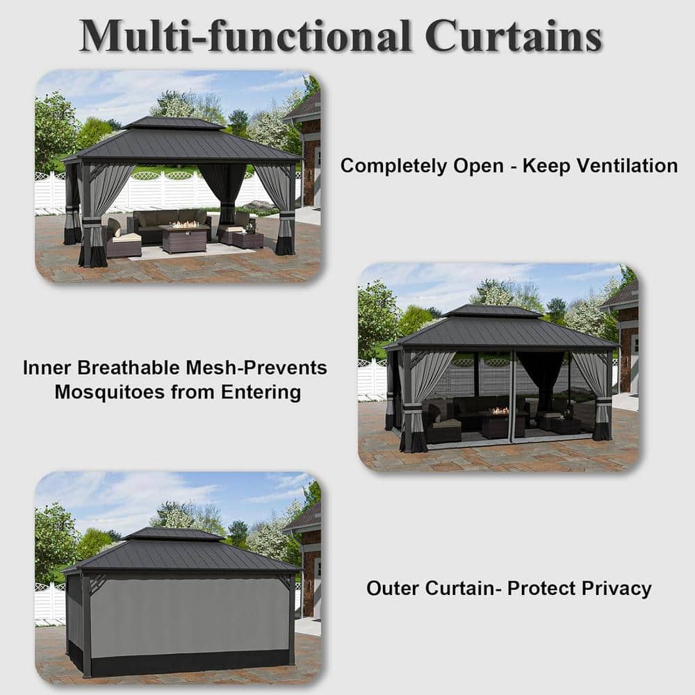 Gray 12x16ft Hardtop Gazebo with Nettings and Curtains