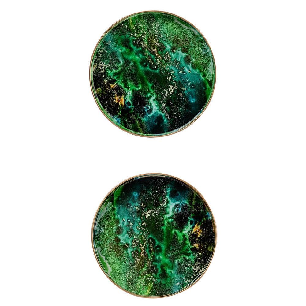 Emerald Elegance Marbled Plastic Serving Tray Set with Cut-Out Handles