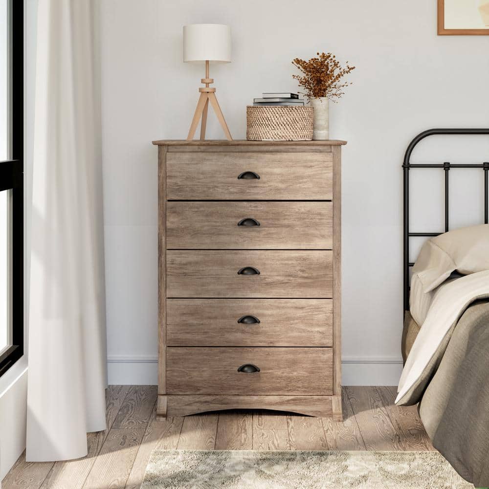 Coastal Drifted Gray 5-Drawer Compact Dresser with Vintage Touch