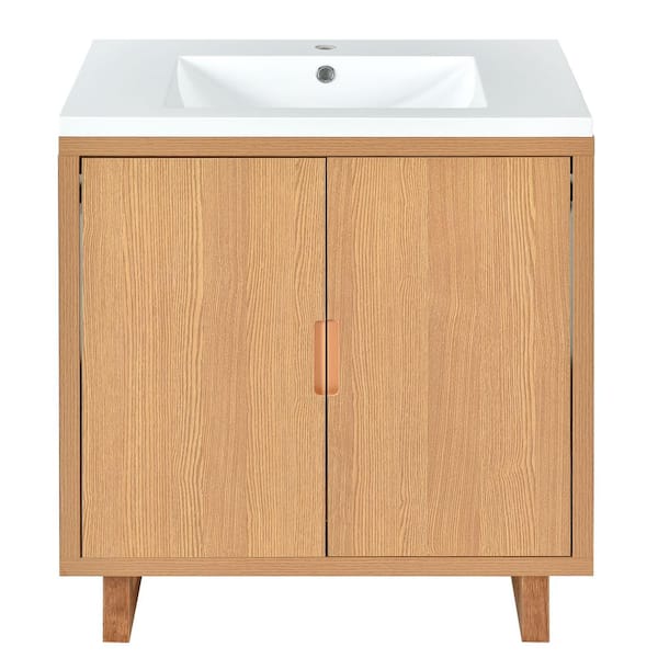 Polibi 29.5 in. W Single Sink Freestanding Bath Vanity in Burly Wood with White Solid Surface Top, 2 Doors