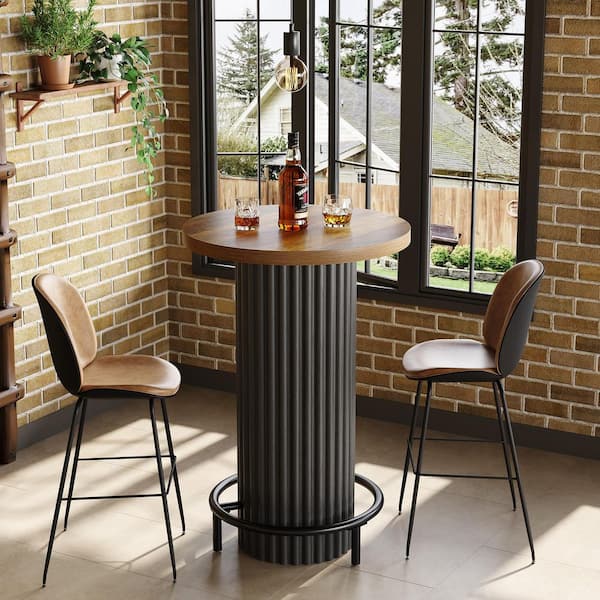 Kearsten 39.4 in. H Black & Brown Round Bar Table, Bistro Pub Table with Metal Footrest Small Pub Cocktail Tables