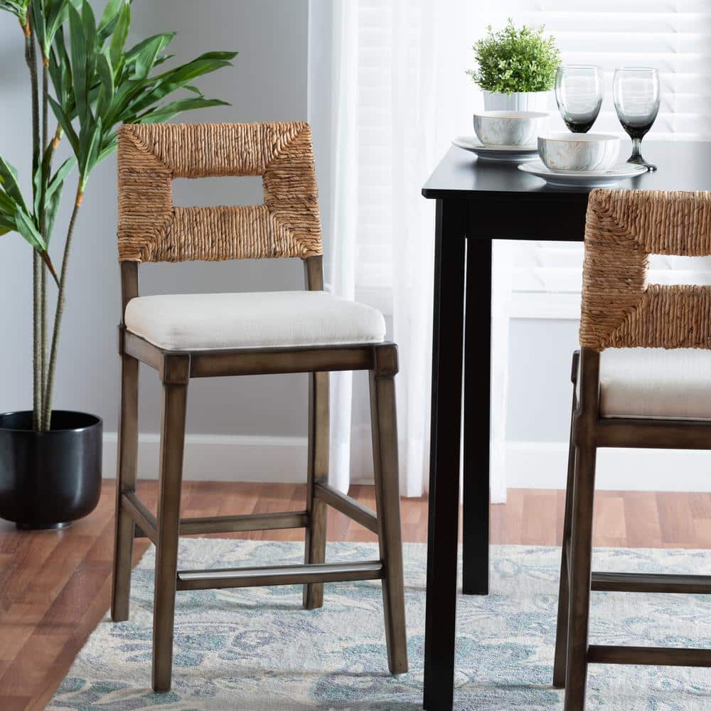 Porsha Bohemian Dark Brown Mahogany and Rattan Counter Stool