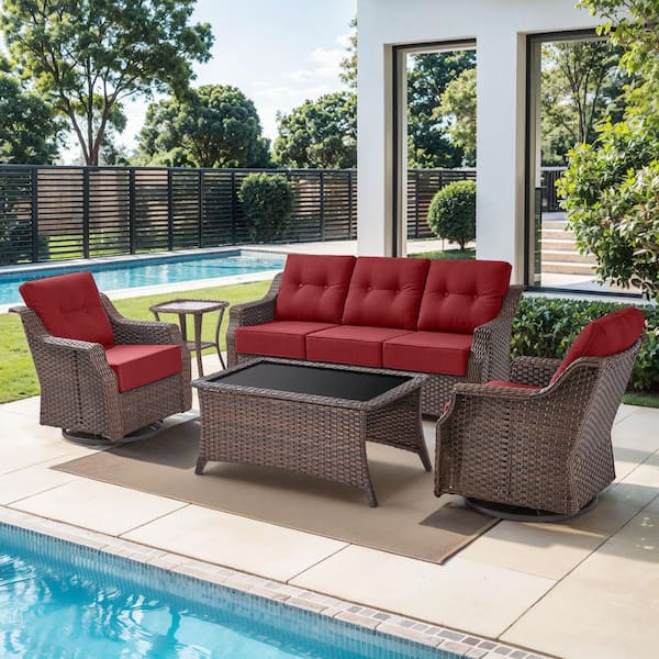 Modern Farmhouse 5-Piece Brown Wicker Patio Conversation Set with 6 In. Red Cushions/Swivel Chairs with Coffee Table