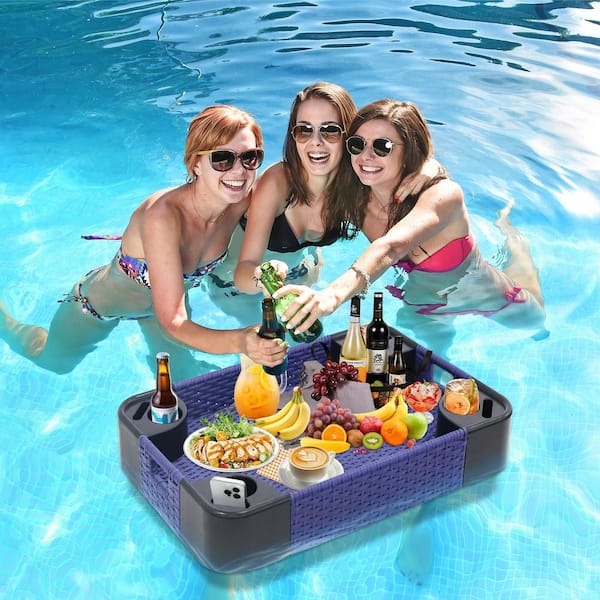 Durable Pool Floating Tray with 4 Cup Holders and Phone Slot-Sturdy Wicker Design for Drinks, Snacks Rectangle/Blue