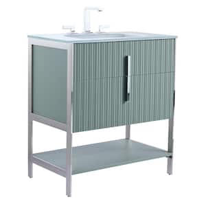 30 in. W x 18 in. D x 33.5 in. H Bath Vanity in Mint Green with Glass Vanity Top in White With Chrome Hardware