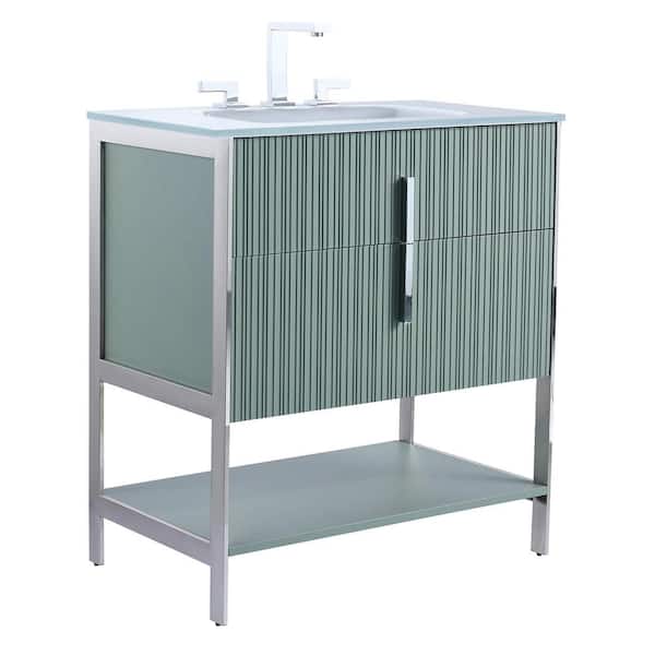 FINE FIXTURES 30 in. W x 18 in. D x 33.5 in. H Bath Vanity in Mint Green with Glass Vanity Top in White With Chrome Hardware