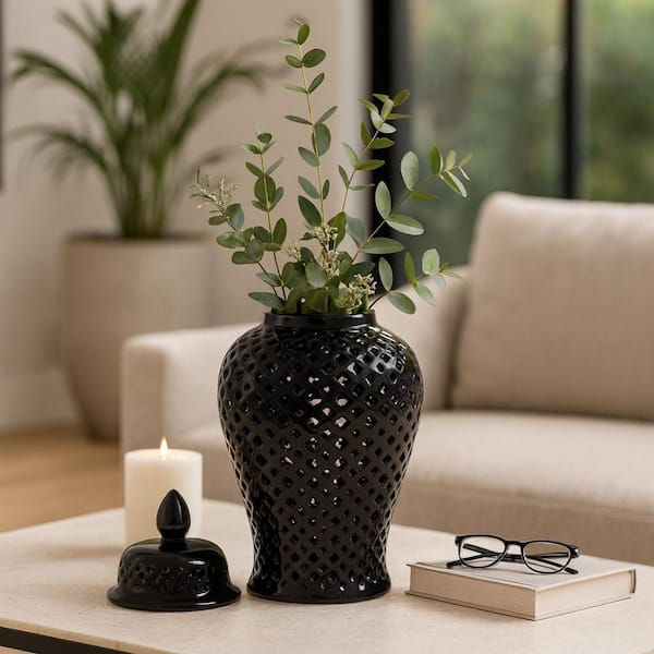 17 in. Black Stoneware Cut-out Clover Temple Jar