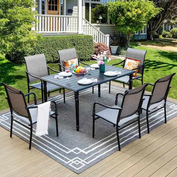 Black 7-Piece Metal Rectangle Patio Outdoor Dining Set with Slat Table and  Textilene Swivel Chairs